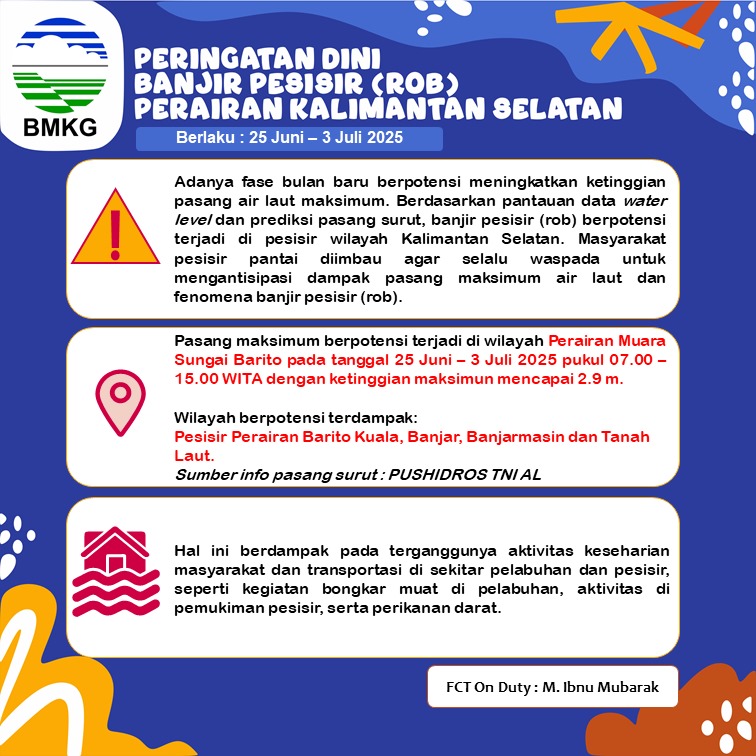 BMKG Stamet Syamsudin Noor Kembali Mengeluarkan Imbauan Waspada Banjir Rob